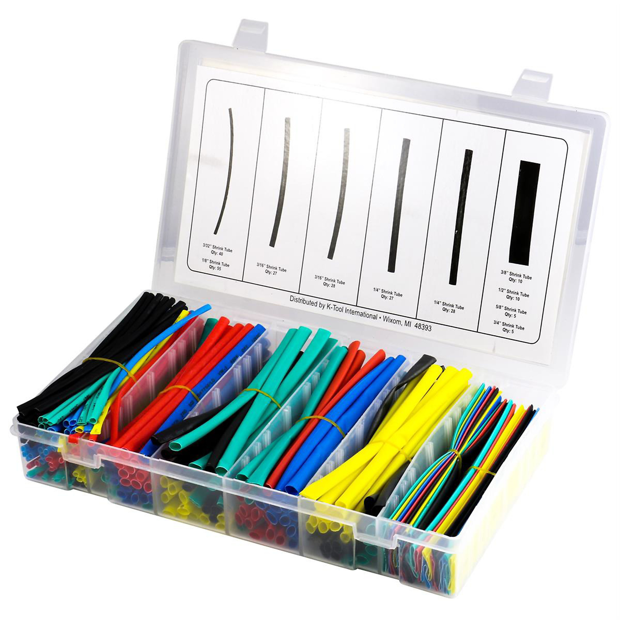 K Tool International 235-Piece Heat Shrink Tube Assortment — 3/32in. to 3/4in., 6in. Length, 2:1 Shrink Ratio, Model# KTI07740